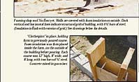 "Clothespins" in place, holding form to previously poured course. Foam insulation was then placed inside the form, on the outside of the building before pouring. Each course was 12" high, 8" wide, and 8' long, with two bars of H" steel. Concrete mixed in gas mixer.
